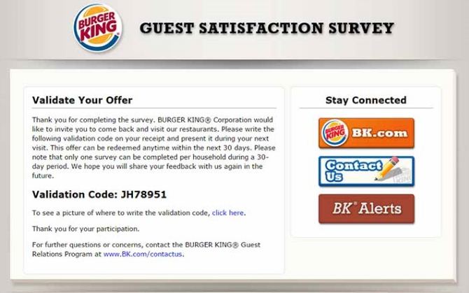 Burger King Free Whopper Survey Code